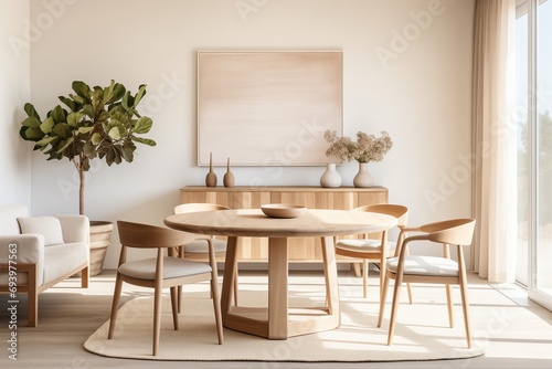 Beige chairs at rustic round wood dining table: Japanese design
