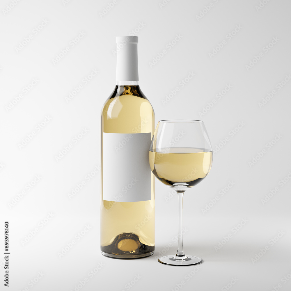 Bottle with blank label and glass of white wine isolated over white background. Mockup template. 3d rendering. Bottle with blank label and glass of white wine isolated over white background. Mockup template. 3d rendering.