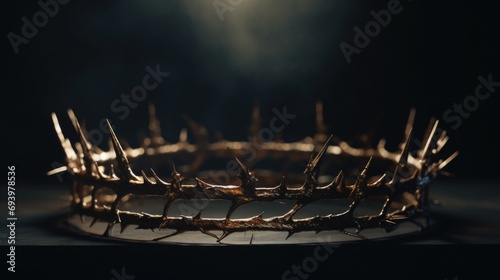 A crown of thorns is placed on a table. Suitable for religious or symbolic concepts photo