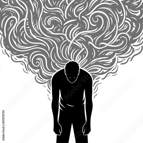 hard working job stress man black silhouette scribble above head carrying heavy burden on his back family financial problem suffering tired sad vector unhappy staff employee depression mental disorder