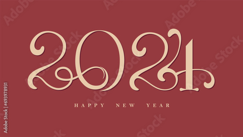 2024 Happy new year rich gold beige text on vintage red background