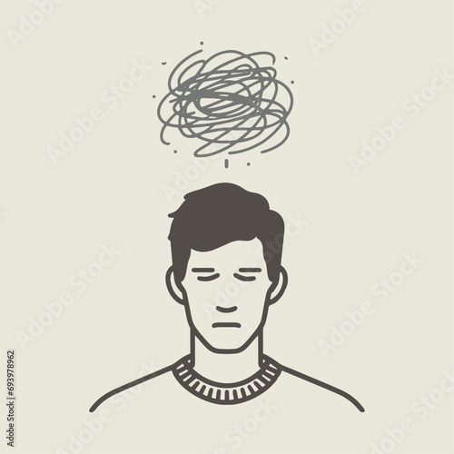 strong stress mind calm depressed men suffer headache thoughts mental feelings anxious silhouette line flat vector minimal scribble above face head