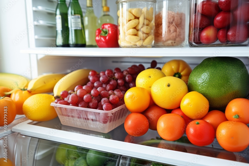 Well-stocked refrigerator with a variety of fresh vegetables and fruits. Concept: purchasing and storing food for healthy eating, dieting, weight loss Well-stocked refrigerator with a variety of fresh vegetables and fruits. Concept: purchasing and storing food for healthy eating, dieting, weight loss