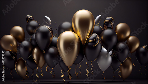 Golden and black metallic balloons and on glistering dark background with birthday party concept  Ai generated image.