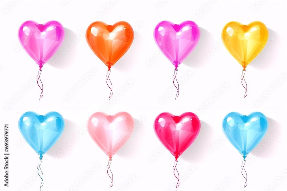Set of multicolored heart-shaped balloons isolated on white background