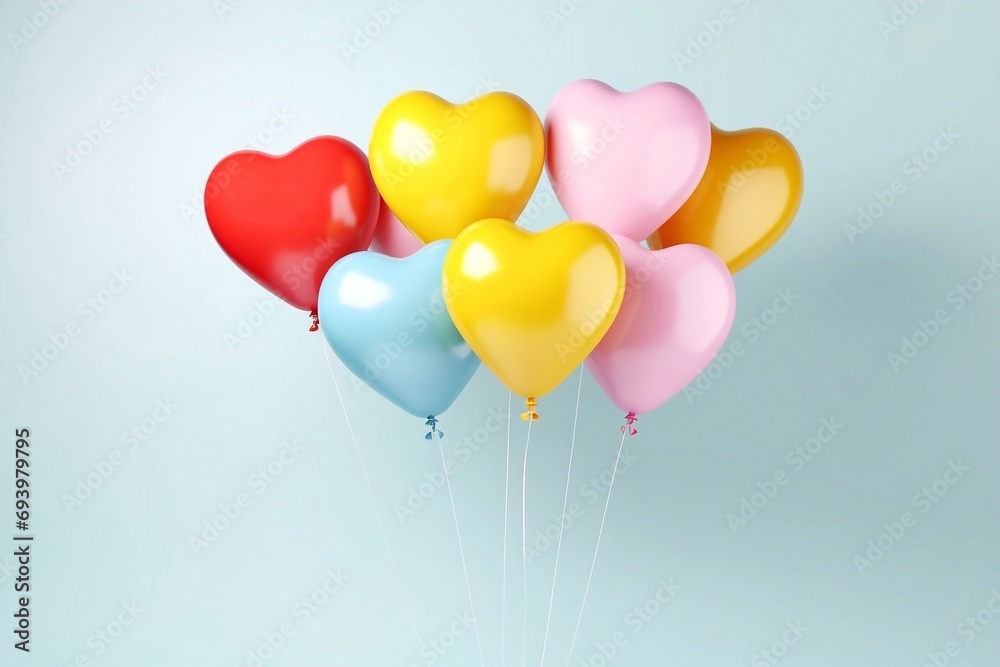 Holiday background with heart shaped balloons on light blue background. Love and celebration. Valentine's day card balloons with colorful heart.