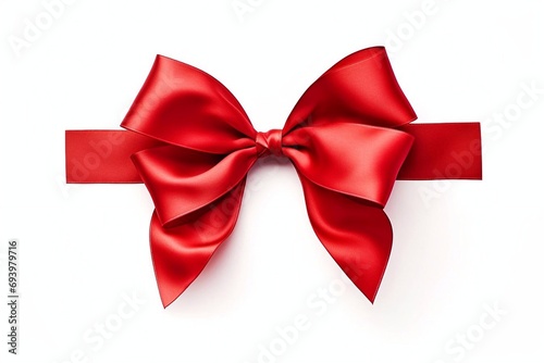 Decorative red bow with horizontal red ribbon isolated on white. Red Ribbon Bow Realistic shiny satin 