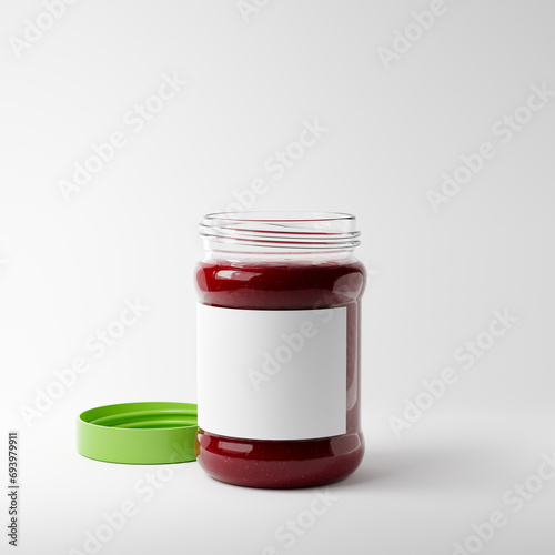 Glass jar of strawberry jam with an open lid and blank label isolated over white background. Mockup template. 3d rendering.