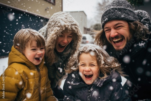 Portrait of a happy family having fun outside in snow