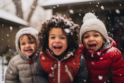 Portrait of little children playing with snow outside
