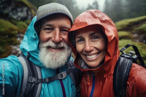 Smiling senior couple taking selfie in nature