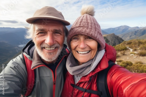 Smiling senior couple taking selfie in nature