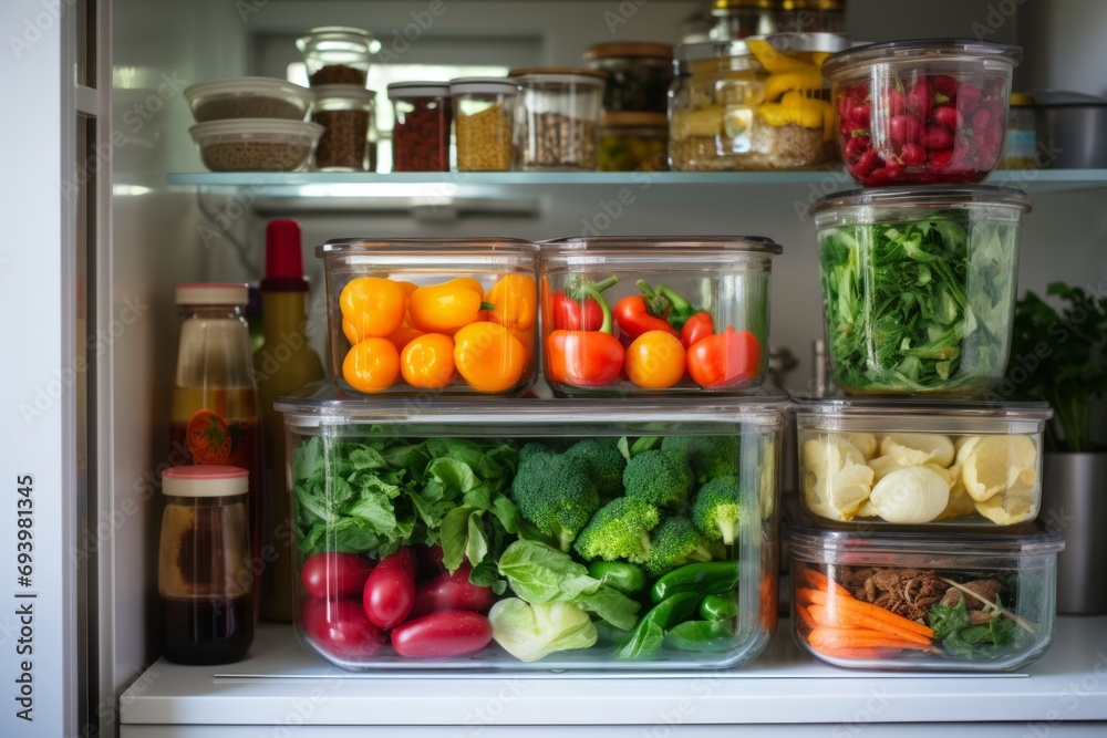 Well-stocked refrigerator with a variety of fresh vegetables, nuts, spices inside. Concept: purchasing and storing food for healthy eating, dieting, weight loss Well-stocked refrigerator with a variety of fresh vegetables, nuts, spices inside. Concept: purchasing and storing food for healthy eating, dieting, weight loss