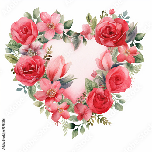 Watercolor floral heart with pink roses and green leaves isolated on white background