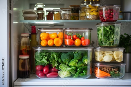 Well-stocked refrigerator with a variety of fresh vegetables  nuts  spices inside. Concept  purchasing and storing food for healthy eating  dieting  weight loss