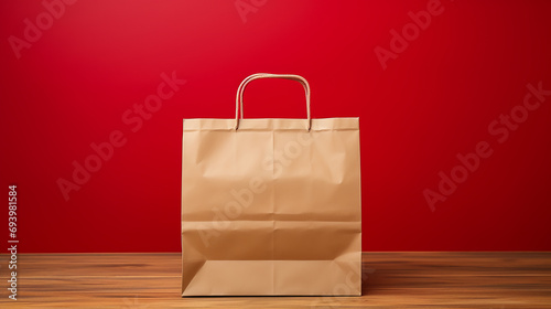food Delivery paper empty bag on the wooden table with red background 