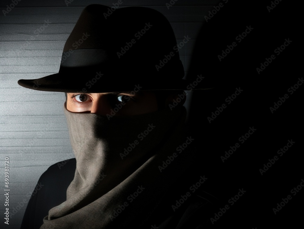 A grown man hiding his face, with a mask or a face scarf. A suspected