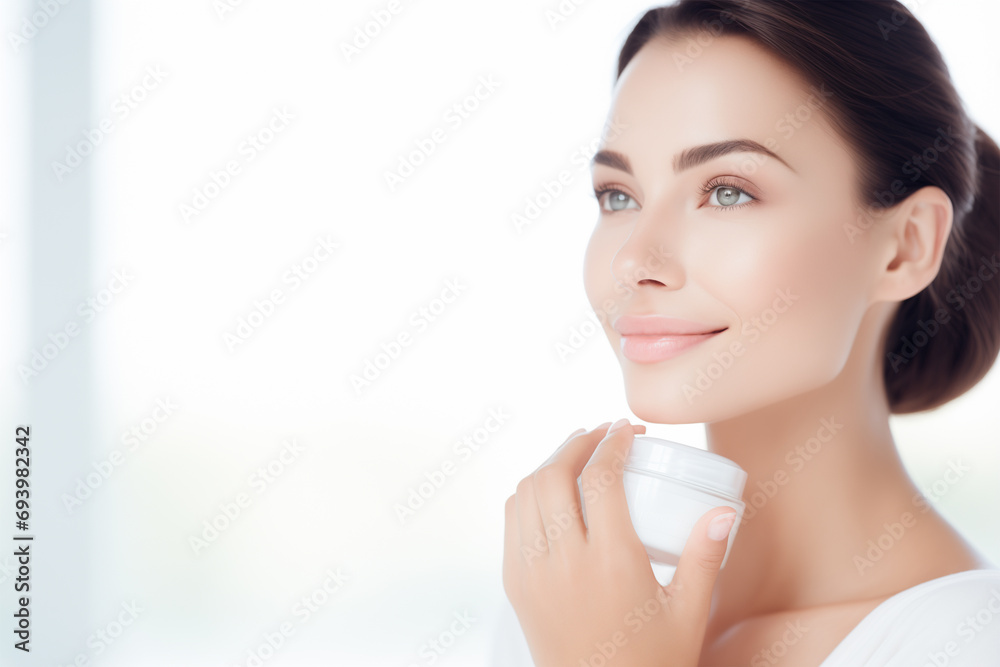 Portrait of a Beautiful Woman, Brunette with Glowing Healthy Skin Holding a Cream, Concept of Natural Cosmetics, Beauty, Spa, Self Care and Bodycare Treatment. Portrait of a Beautiful Woman, Brunette with Glowing Healthy Skin Holding a Cream, Concept of Natural Cosmetics, Beauty, Spa, Self Care and Bodycare Treatment.