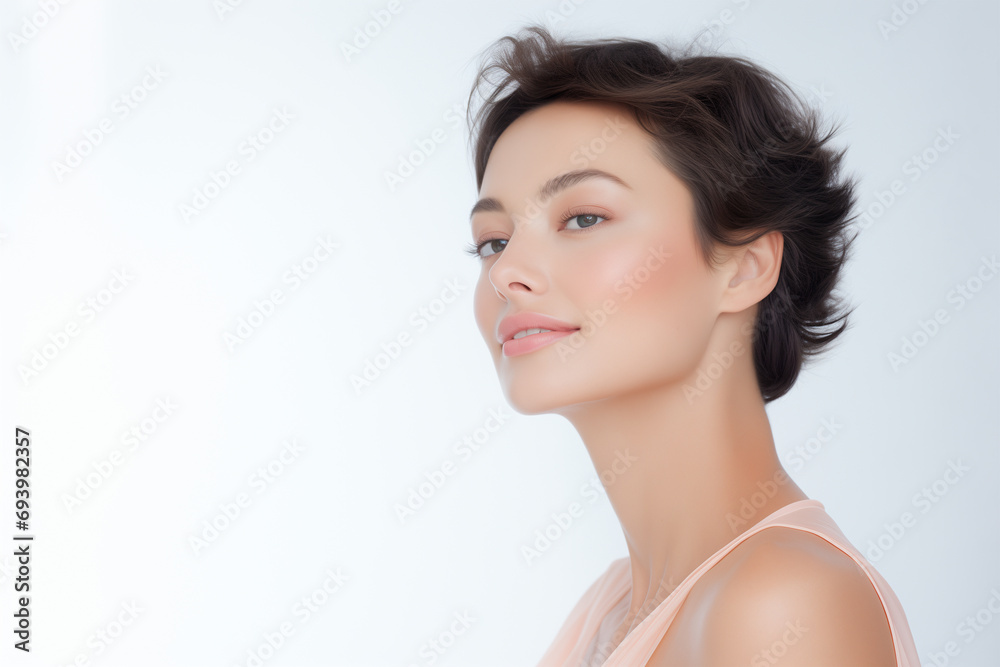 Portrait of a Beautiful Woman, Brunette with Glowing Healthy Skin. Clean Natural Cosmetics, Spa and Beauty Treatment Concept. Portrait of a Beautiful Woman, Brunette with Glowing Healthy Skin. Clean Natural Cosmetics, Spa and Beauty Treatment Concept.