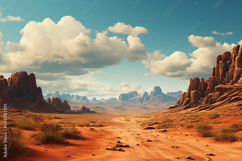 A desert landscape with barren sands and rugged. Wild landscapes concept.