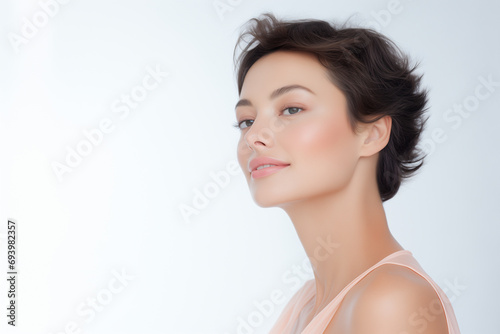 Portrait of a Beautiful Woman, Brunette with Glowing Healthy Skin. Clean Natural Cosmetics, Spa and Beauty Treatment Concept.
