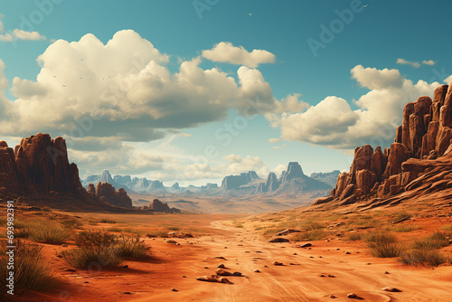 A desert landscape with barren sands and rugged. Wild landscapes concept. photo