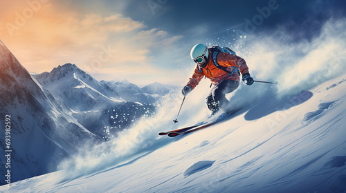 Skier skiing downhill in high mountains photo