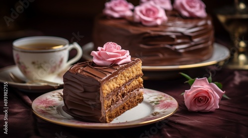 Blossoming Chocolate Cake on Pink Plate generated by AI tool © Aqsa
