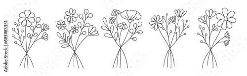 set of hand draw line wild flower bouquet, botanical  elements design,  line flowers vector set, trendy minimalist wildflowers