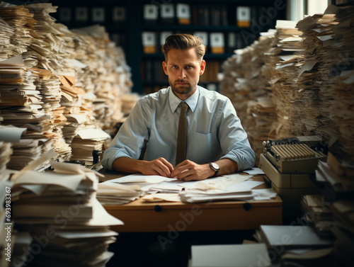 Bureaucracy: Employee sits at his desk in his office surrounded by a multitude of files to be processed, Ai generated