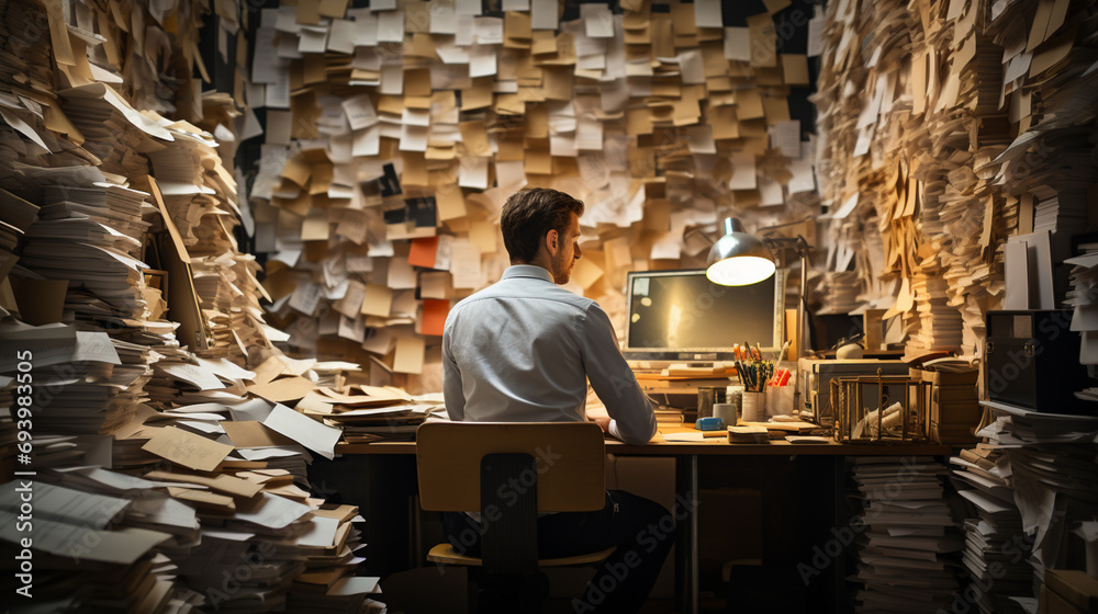 Bureaucracy: Employee sits at his desk in his office surrounded by a multitude of files to be processed, Ai generated - obrazy, fototapety, plakaty 