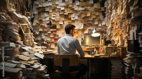 Bureaucracy: Employee sits at his desk in his office surrounded by a multitude of files to be processed, Ai generated photo