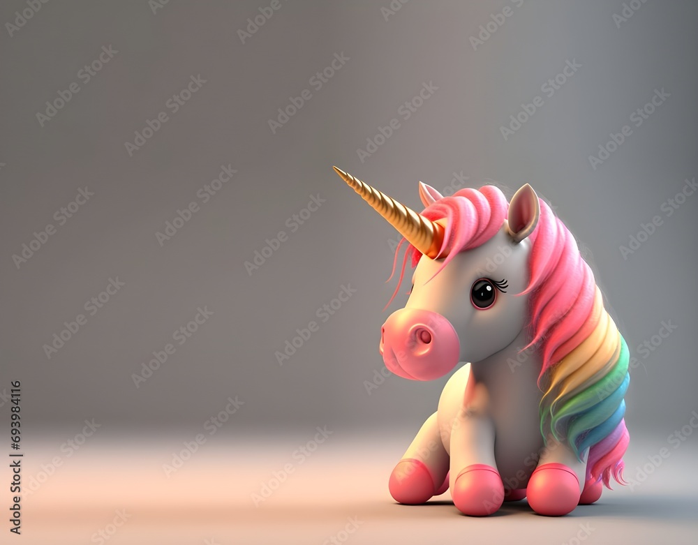 Fondo marco con Bebé unicornio con cabellos de colores pastel. Personaje de animación Kawaii 3d. Render realista generado con tecnología IA - obrazy, fototapety, plakaty 