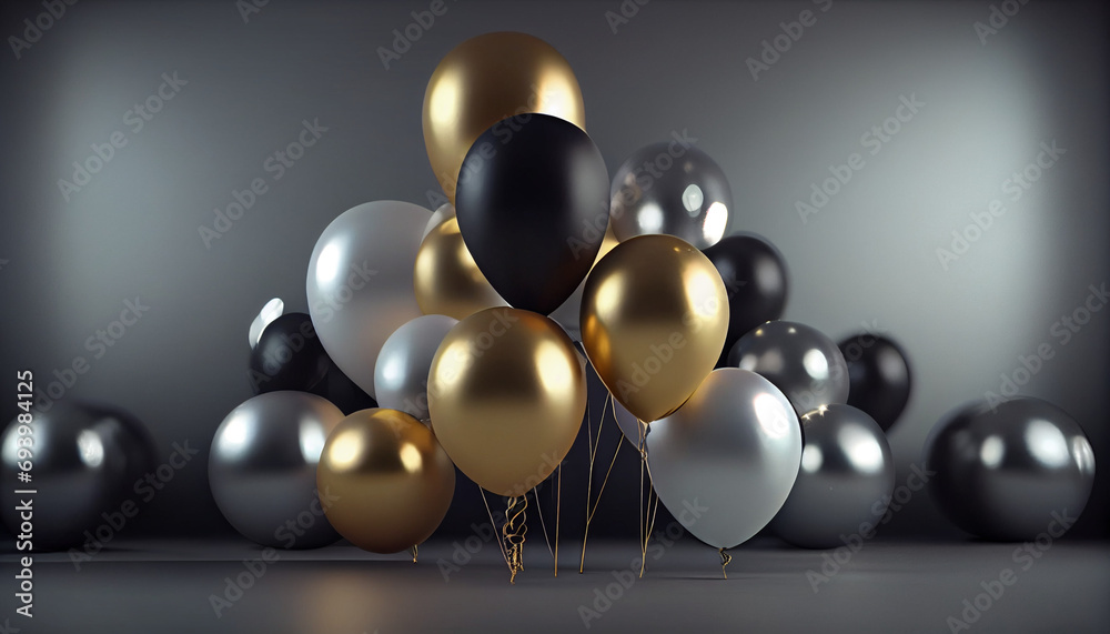 Golden and silver gray metallic balloons and on glistering dark background with birthday party concept Ai generated image. Golden and silver gray metallic balloons and on glistering dark background with birthday party concept Ai generated image.