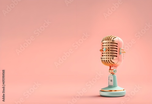 Fondo rosado marco con micrófono de radio, tv show, podcast, rosa femenino . Modelo 3d render realista. Elaborado con tecnología IA 