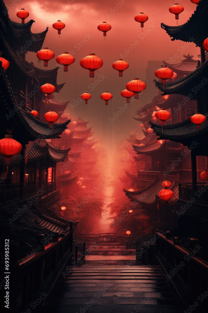 Red pagoda in Shanghai at night with colorful lanterns, foggy atmosphere