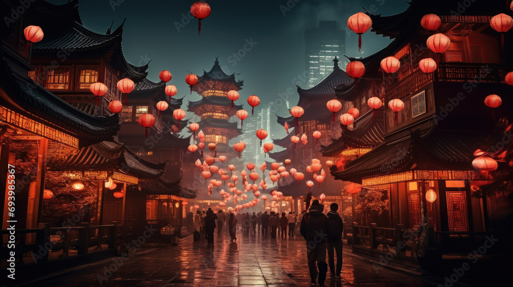 Red pagoda in Shanghai at night with colorful lanterns, foggy atmosphere