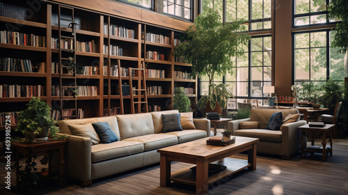 Peaceful Library Scene with Books and Comfortable Reading Nook
