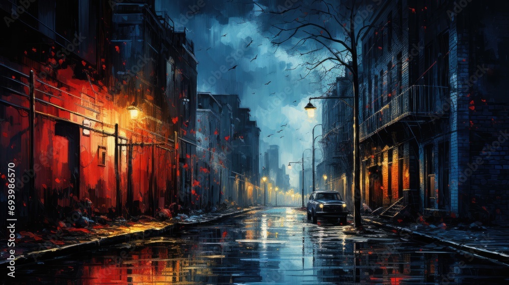 A blue night, rain in background, graffiti art photo effect painting