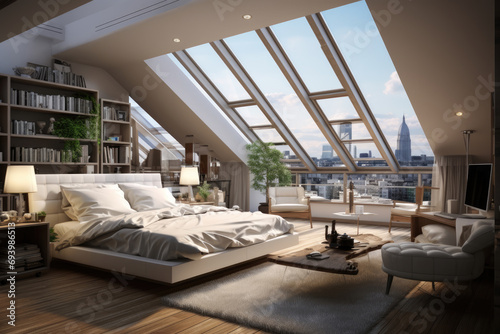 Studio apartment with bed, panoramic windows