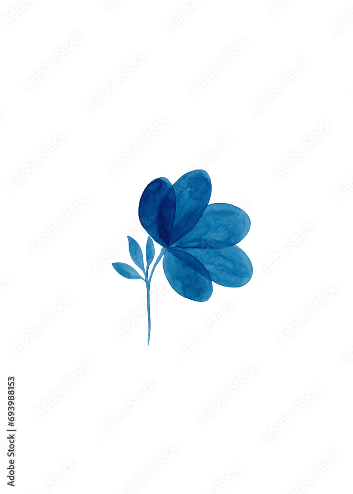 Silhouette of a flower with stem and leaves. Isolated blue watercolor illustration Silhouette of a flower with stem and leaves. Isolated blue watercolor illustration