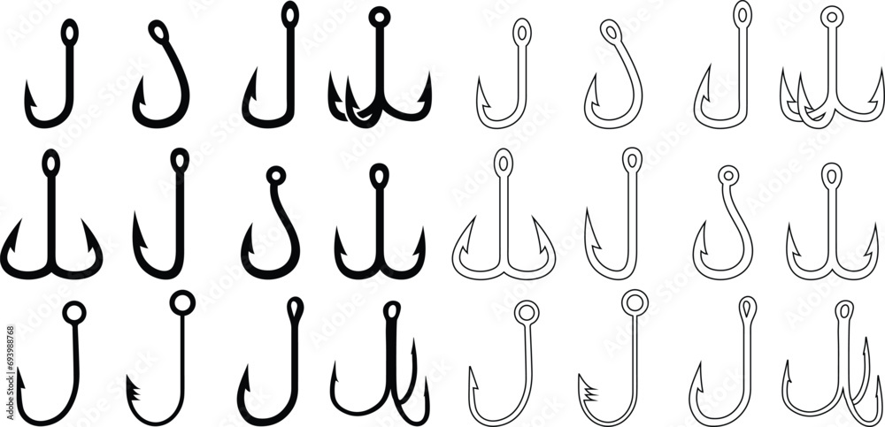 Fishing hook icon vector set. Hooks silhouettes sign collection. fish symbol or logo. - obrazy, fototapety, plakaty 