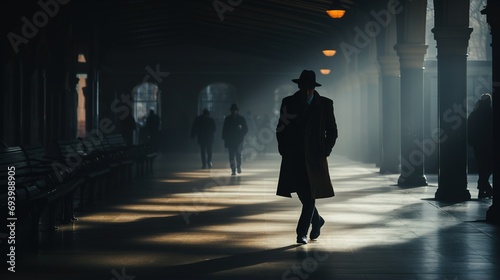 Silhouette of a Mysterious Man in a Hat Walking Through a Sunlit Corridor