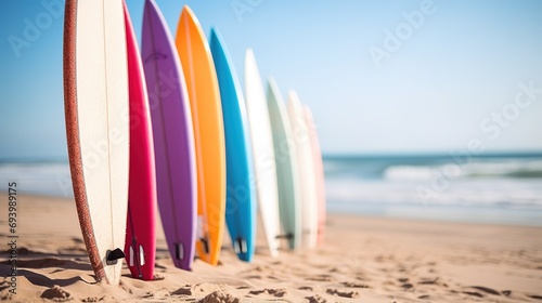 Colorful Surfboards Lined up on Sandy Beach