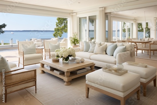 Airy and bright living room with floor-to-ceiling windows, light-colored furniture, and a hint of coastal decor