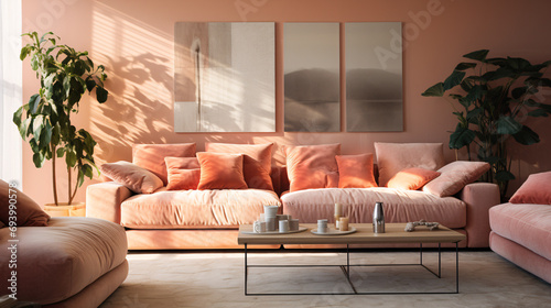 Interior shot of a living room completely immersed in peach fuzz, the color of the year 2024. Cozy sofa, plants and couch table. photo
