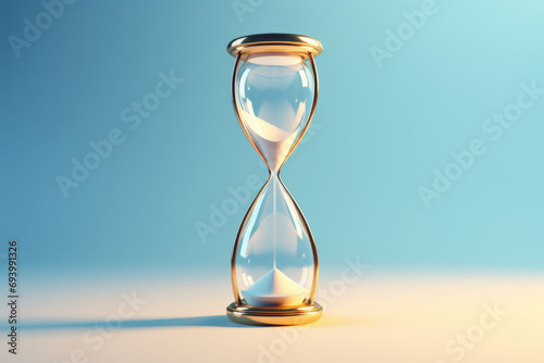 A golden hourglass with a blue background. Ideal for time management and productivity concepts photo