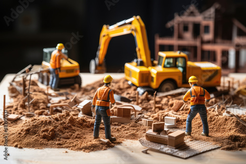 Plastic toy figures of construction workers with construction equipment at a construction site