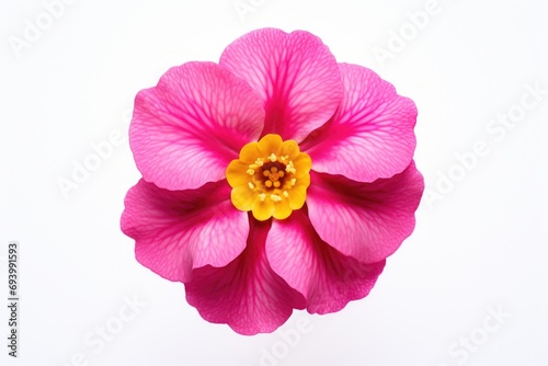 A close-up view of a pink flower on a white surface. This image can be used for various purposes