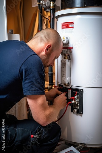 A man is shown working on a hot water heater. This image can be used to depict plumbing repairs or maintenance